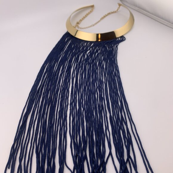 Gold Tone Collar Necklace with Blue Fringe - Picture 7 of 8